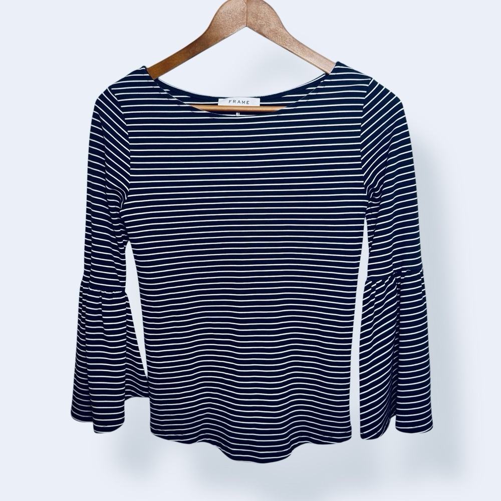 FRAME Women's Small Boatneck Bell Sleeve Navy & White Striped Modal Blouse Top - Picture 3 of 7